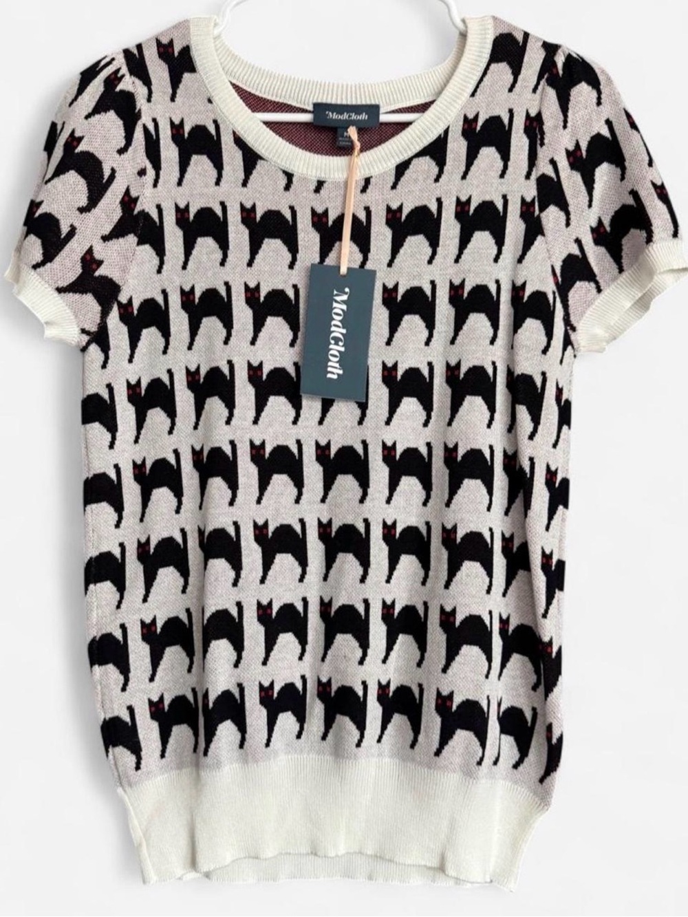 ModCloth Black Cat Print Sweater Top NWT Medium Cotton Modal Halloween Kawaii - Picture 2 of 10
